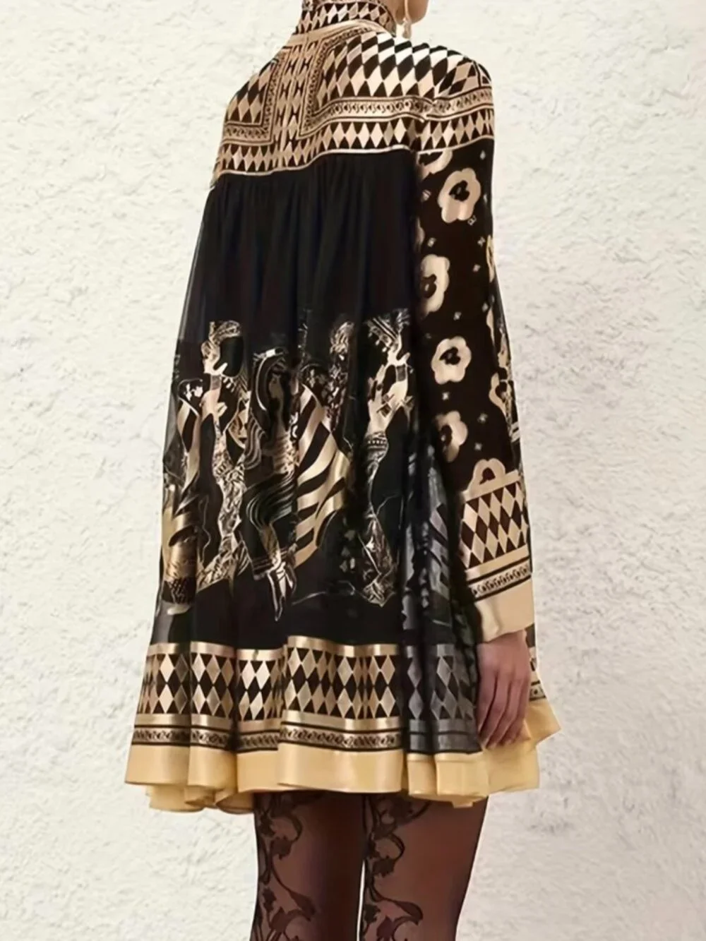 Women'S Bronze Ethnic Print Stand Collar Long-Sleeved Short Dress, Casual